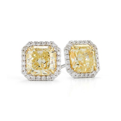 Fancy Yellow Radiant Cut Halo Diamond Stud Earrings