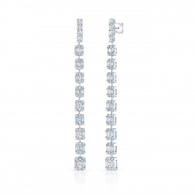 White Gold Graduating Baguette Cluster Drop Earrings