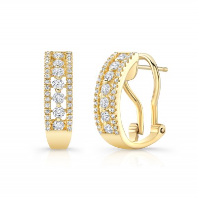 Yellow Gold Pave And Prong Set Triple Row Hoops