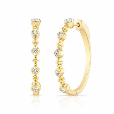 Yellow Gold Forevermark Bead And Bezel 1.25 Inch Hoops