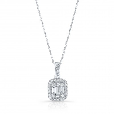White Gold Baguette Cluster Halo Pendant