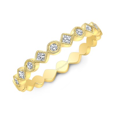 Yellow Gold Alternating Round And Diamond Shape Stackable Band